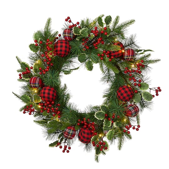 Glitzhome® 24" Pre-Lit Ornament, Berry, Holly & Pine Wreath in Red | Michaels®